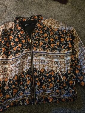 ZARA Floral Printed Bomber Jacket - Black & Orange